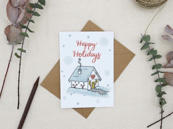Happy Holidays Card with Gingerbread House in the snow